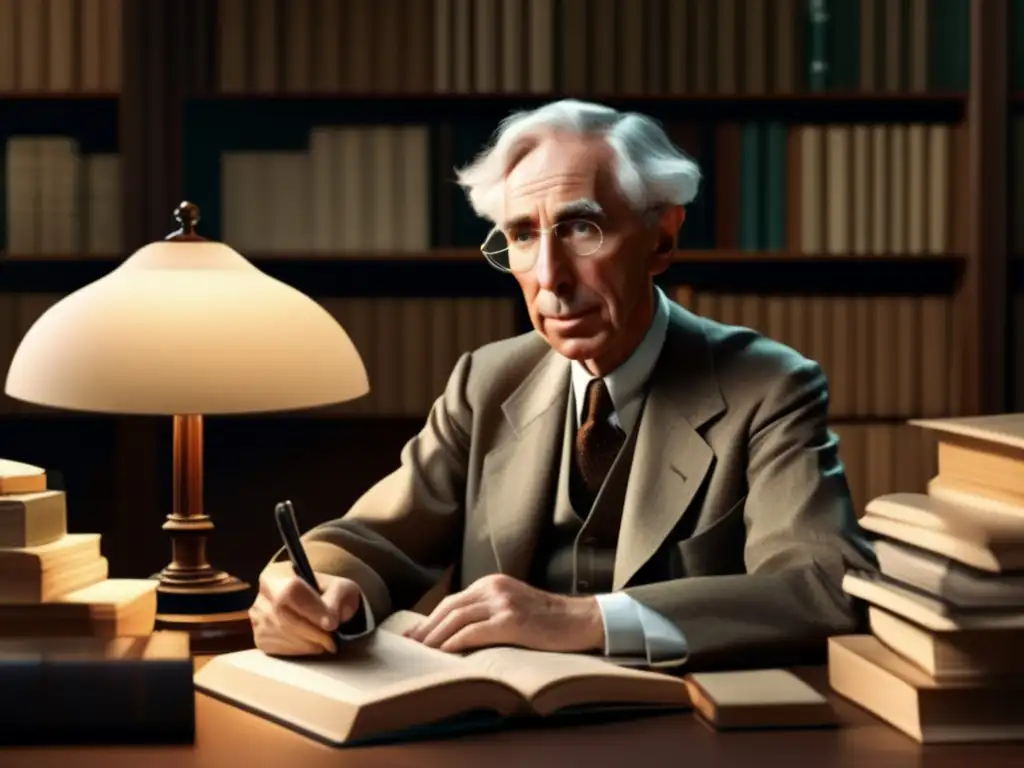 Bertrand Russell reflexiona en su estudio, rodeado de libros y papeles, inmerso en la filosofía analítica