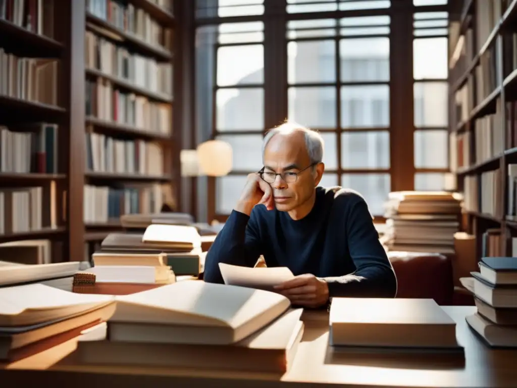 Peter Singer reflexiona en su estudio, rodeado de libros