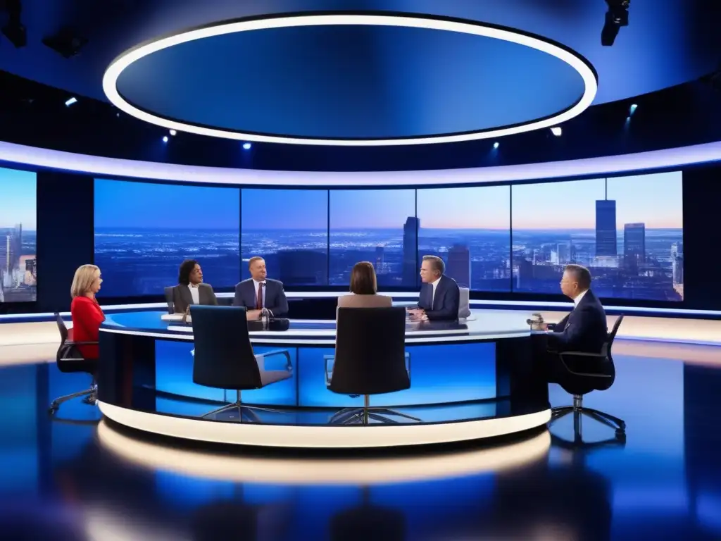 Un estudio televisivo moderno con analistas políticos en discusiones animadas
