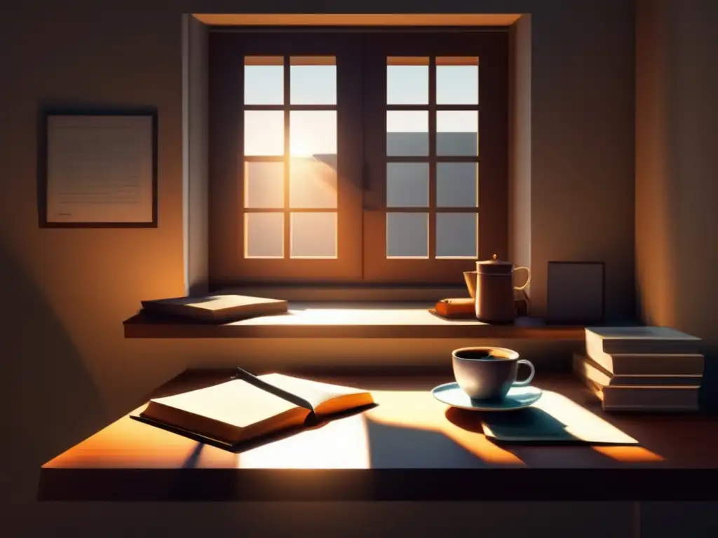 Un estudio tranquilo iluminado por el sol, con un libro abierto, una taza de café y una pluma