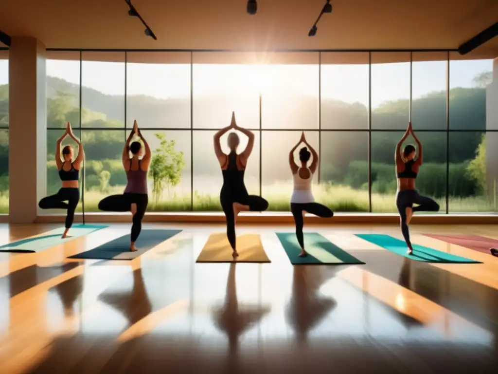 - Yoga en armonía: práctica serena en estudio con vistas - - Un estudio de yoga sereno y bañado por el sol con ventanas de piso a techo que ofrecen vistas a un paisaje exuberante