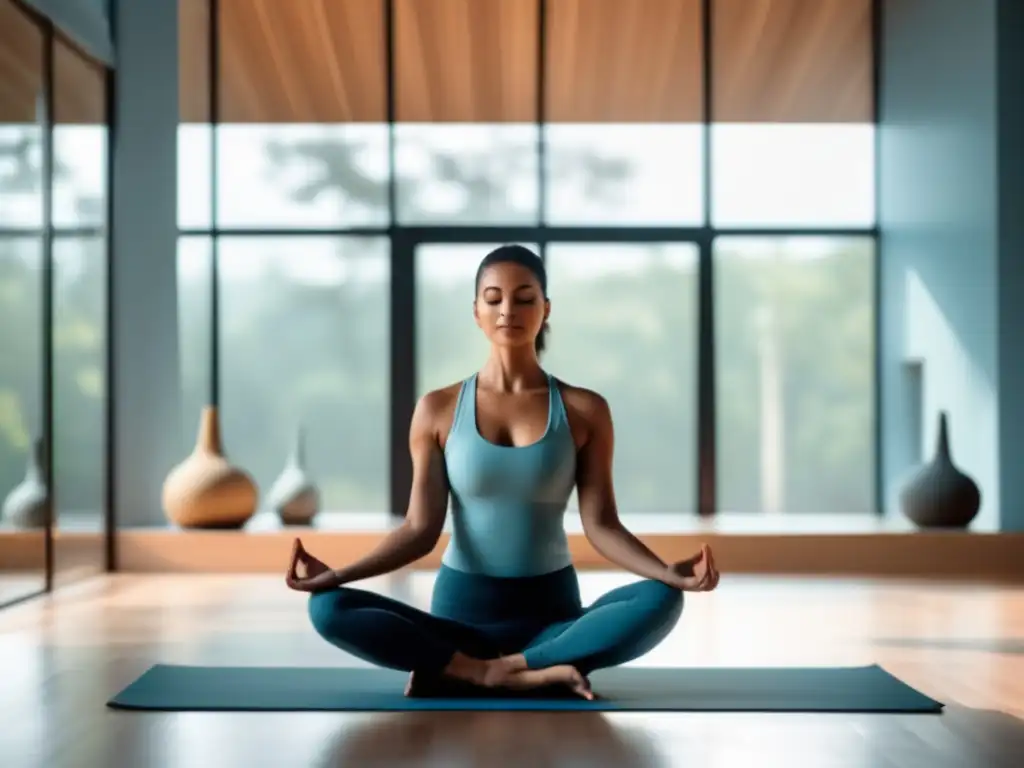 En un estudio de yoga sereno, una figura muestra control mental en una postura perfecta, en armonía con los Yoga Sutras de Patanjali