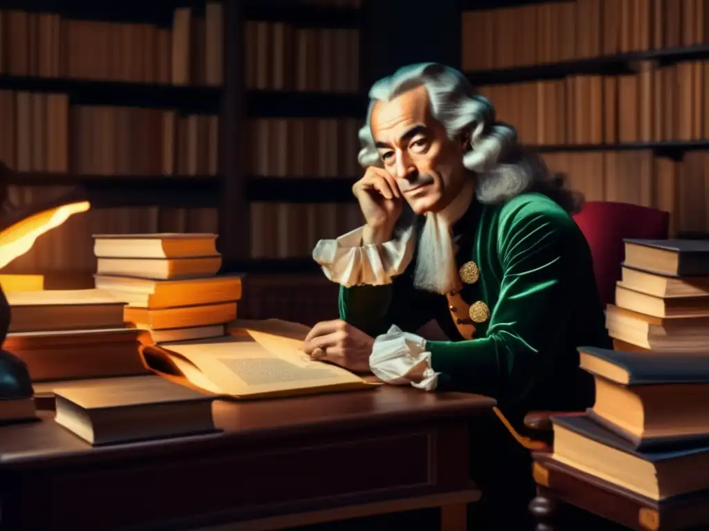 Una ilustración europea detallada de Voltaire, concentrado en su escritura