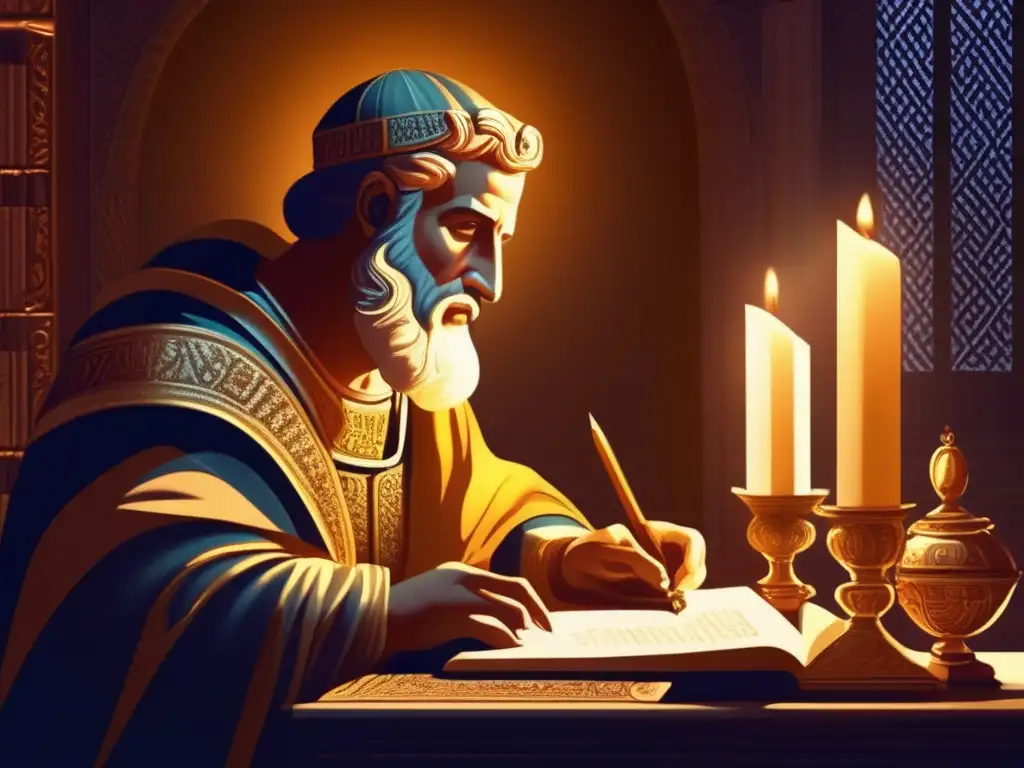 Eusebio de Cesarea inmerso en su estudio, rodeado de pergaminos antiguos y luz de velas, evocando su influencia en las celebraciones cristianas