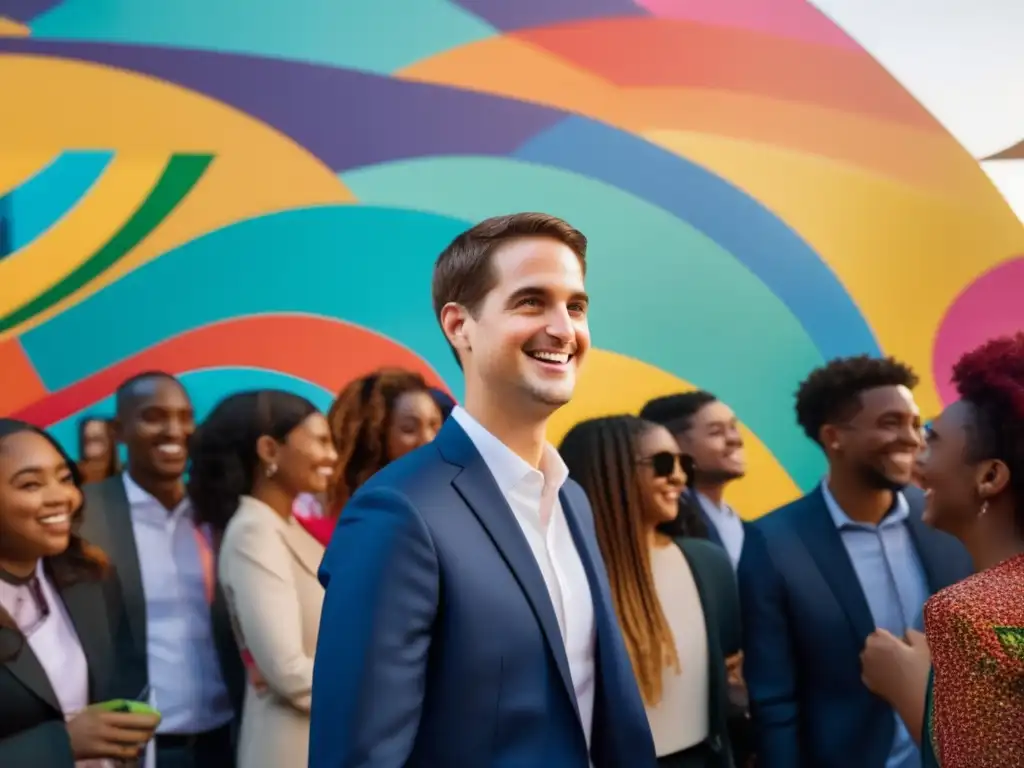 Evan Spiegel, líder de Snapchat, sonríe frente a un mural colorido, rodeado de jóvenes entusiastas