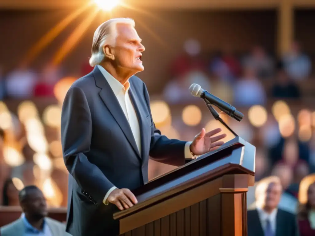 Biografía de Billy Graham evangelista pronunciando un apasionado sermón ante una audiencia diversa y atenta, con luz dramática