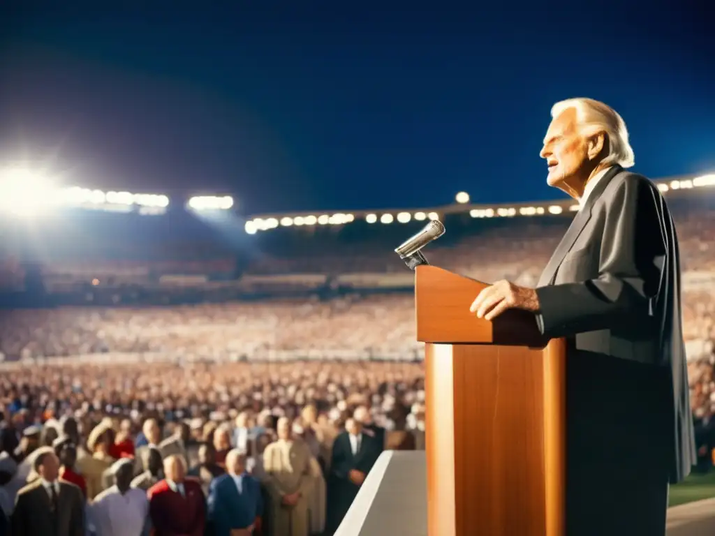 Billy Graham evangelista dirige a una multitud en un estadio lleno, irradiando energía y fe