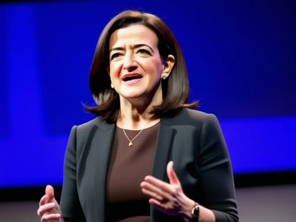 Sheryl Sandberg lidera un evento de Facebook, con pantalla digital y logo de la plataforma