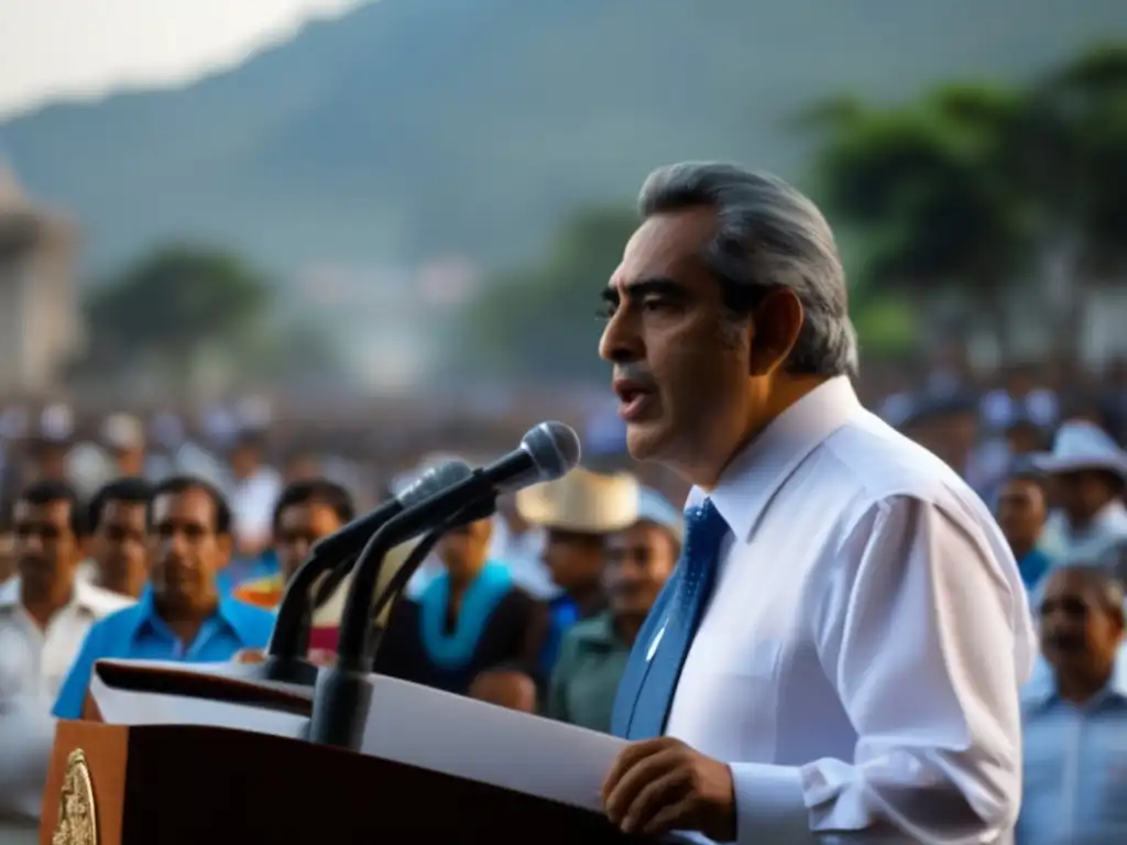 Álvaro Colom en un evento político en Guatemala, proyectando carisma y confianza