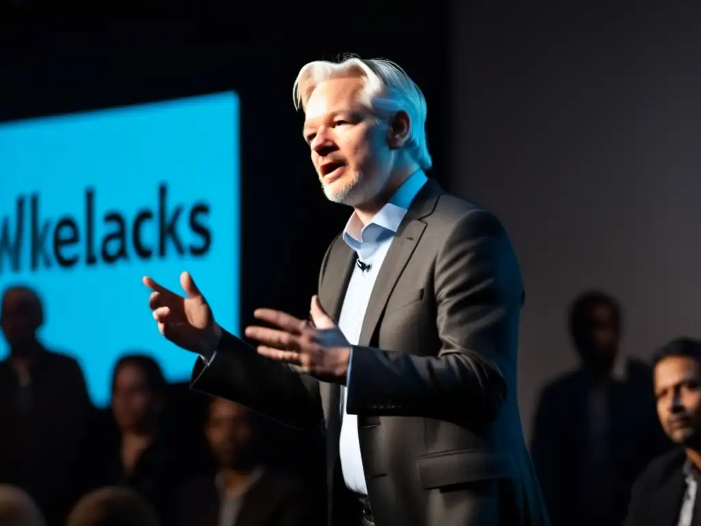 Julian Assange habla apasionadamente en un evento público, con el logotipo de WikiLeaks destacado en el fondo