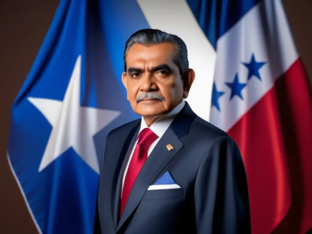 El ex presidente de Honduras, Porfirio Lobo, de pie frente a la bandera hondureña con confianza y dignidad, en un entorno profesional y moderno