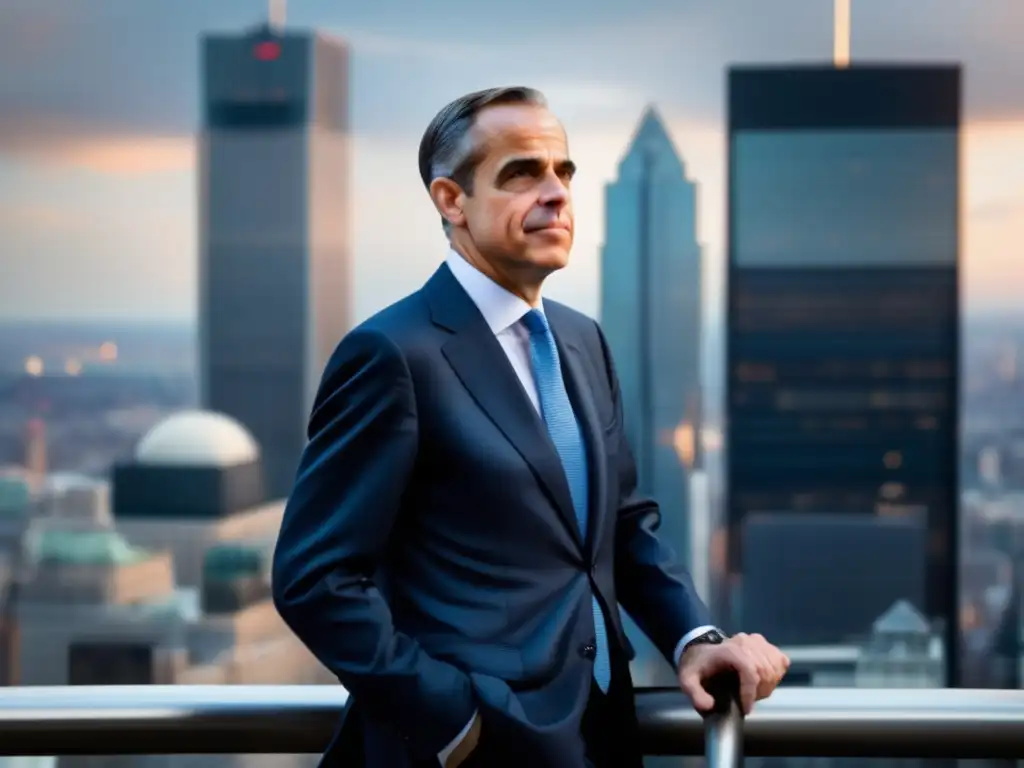 Mark Carney, exgobernador del Banco de Inglaterra, destaca en un distrito financiero, proyectando autoridad y liderazgo en estrategias financieras