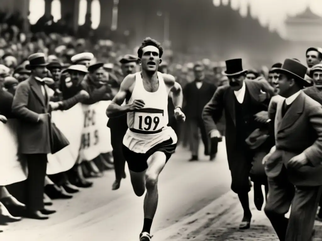 Exhausto Dorando Pietri alcanza la meta en las Olimpiadas de 1908, rodeado de espectadores