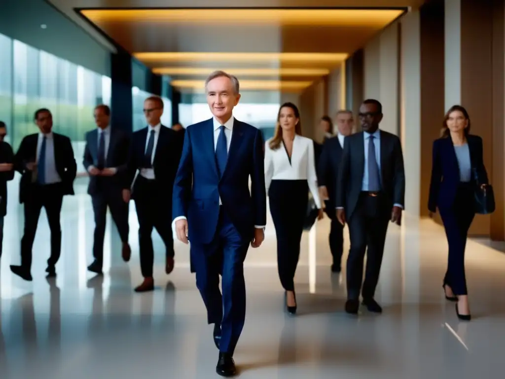 Bernard Arnault lidera con éxito la estrategia de lujo en LVMH, rodeado de ejecutivos en su moderna sede
