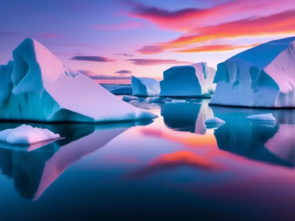 Una expedición de Henry Hudson en el Ártico: océano ártico al atardecer con icebergs flotando, reflejando el cielo dorado y rosa