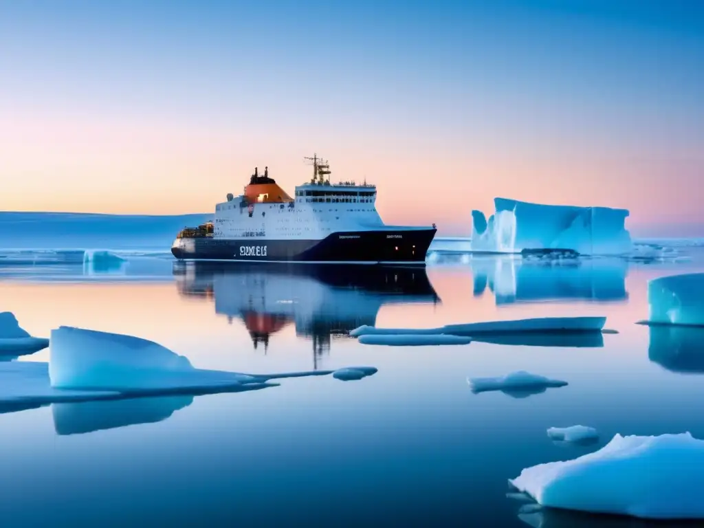 Una expedición de Henry Hudson en el Ártico: un rompehielos moderno surcando aguas heladas, rodeado de neblina y icebergs