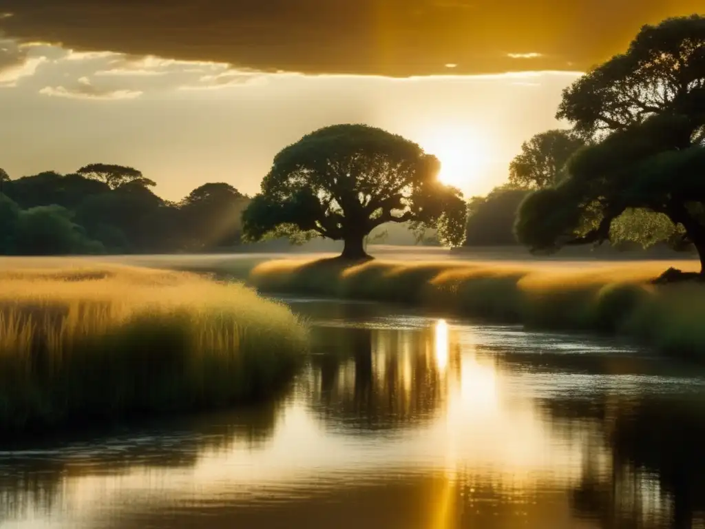 Experiencia sensorial cine Terrence Malick: Impresionante paisaje dorado con río brillante, evocando asombro y maravilla