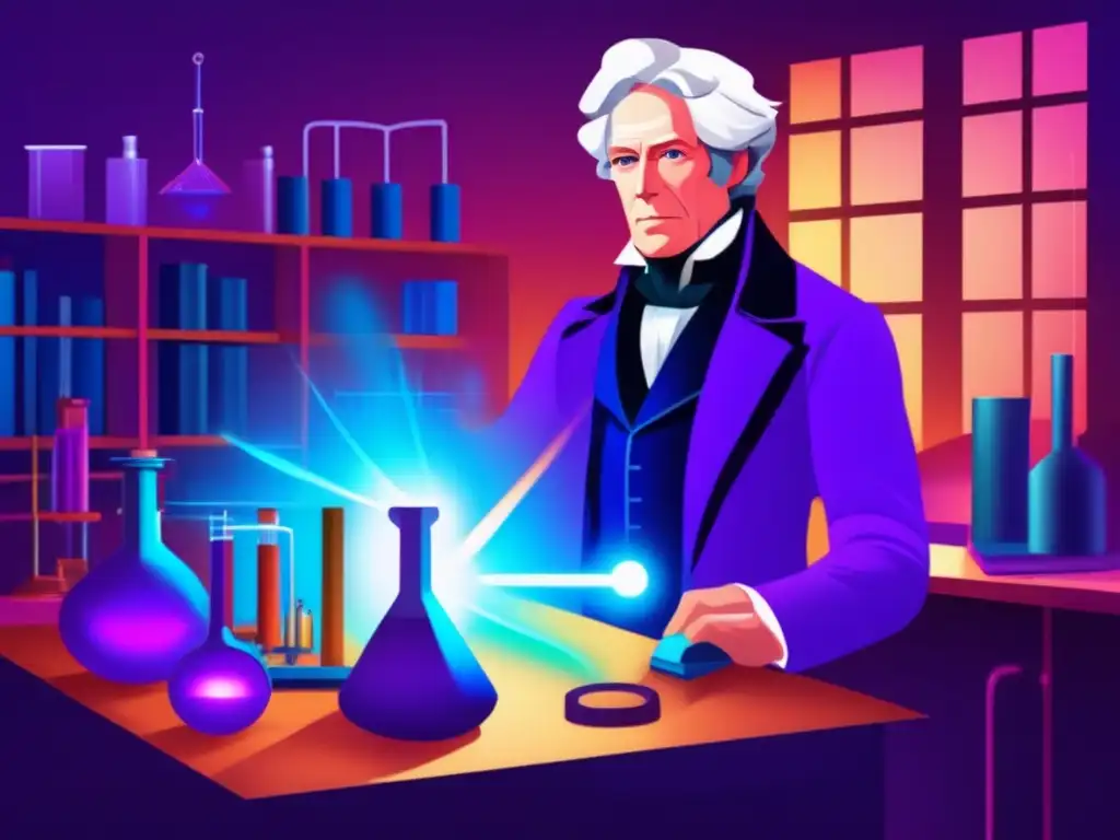 En la ilustración, Michael Faraday realiza un experimento eléctrico en su laboratorio, rodeado de equipo científico y componentes eléctricos