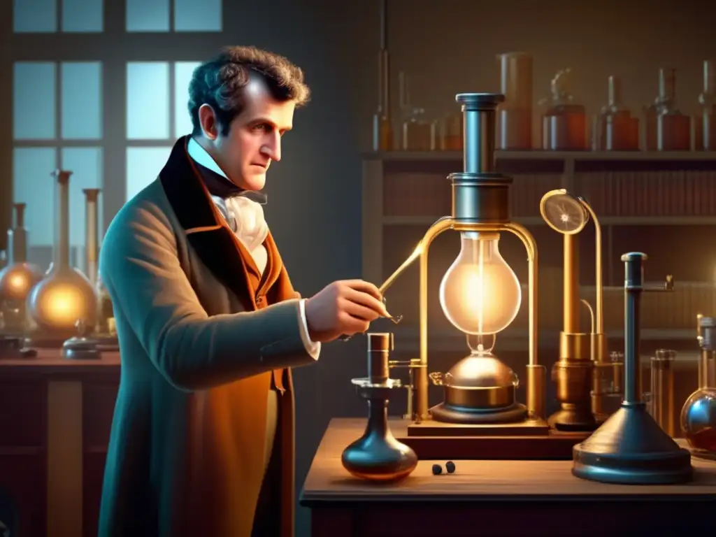 Humphry Davy realizando un experimento en su laboratorio, rodeado de equipo científico, iluminado por una lámpara de seguridad minera