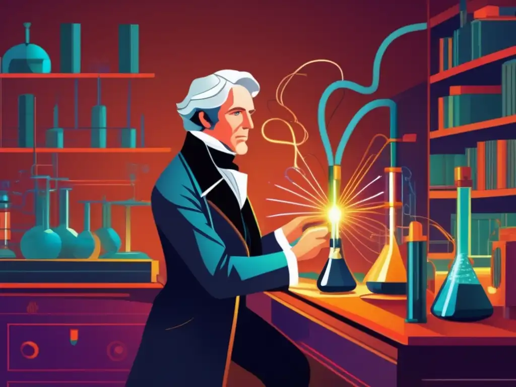 En la ilustración, Michael Faraday realiza experimentos eléctricos en su laboratorio, rodeado de equipo científico y corrientes eléctricas