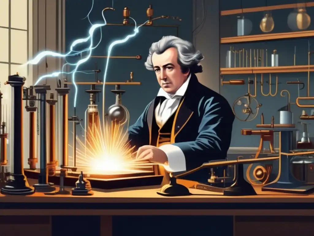 En la ilustración, André-Marie Ampère realiza experimentos eléctricos en su laboratorio, rodeado de instrumentos científicos y descargas eléctricas