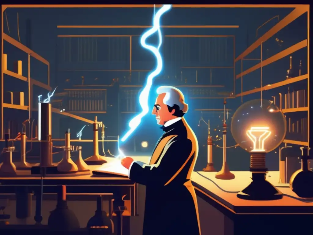 En una ilustración ultradetallada, André Marie Ampère realiza experimentos eléctricos en un laboratorio del siglo XIX