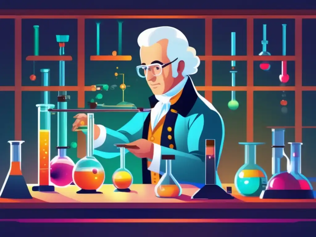 Antoine Lavoisier realizando experimentos en un laboratorio moderno, rodeado de equipos científicos