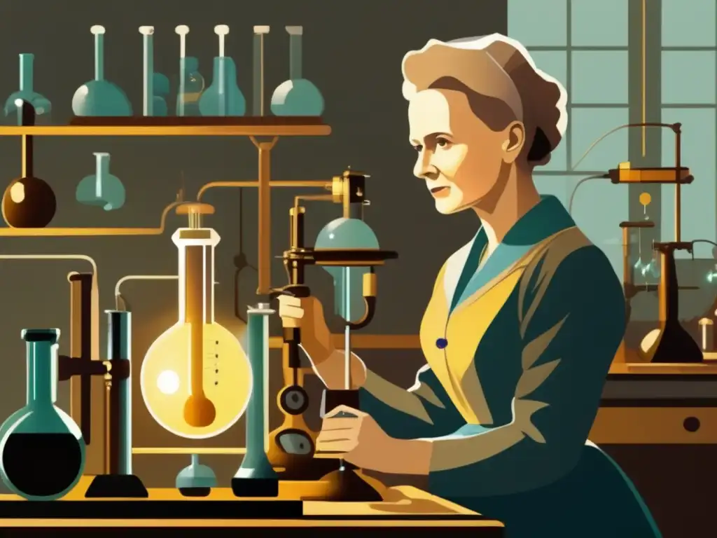 Marie Curie realizando experimentos en su laboratorio, reflejando su pasión por la ciencia y sus logros y legado en la física y química