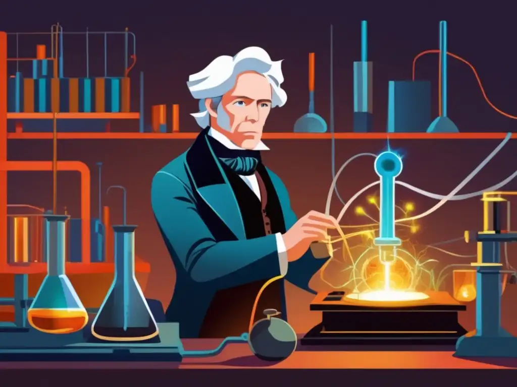 En la ilustración, Michael Faraday conduce experimentos en un laboratorio, rodeado de equipos eléctricos y científicos, con un enfoque intenso