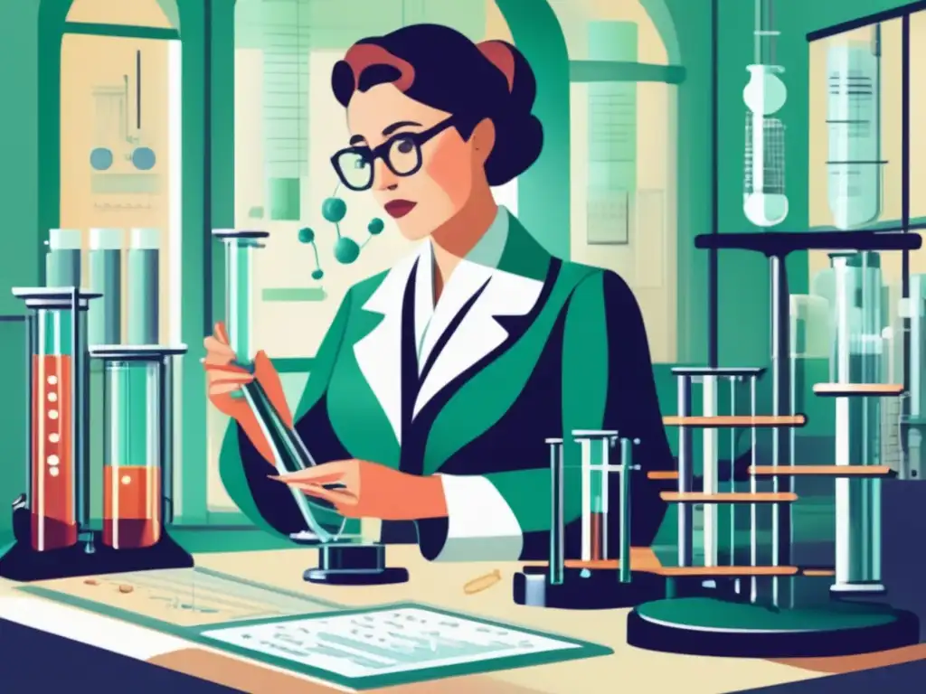 En la ilustración de alta resolución, Maud Menten realiza experimentos en un laboratorio, con tubos de ensayo y equipo científico