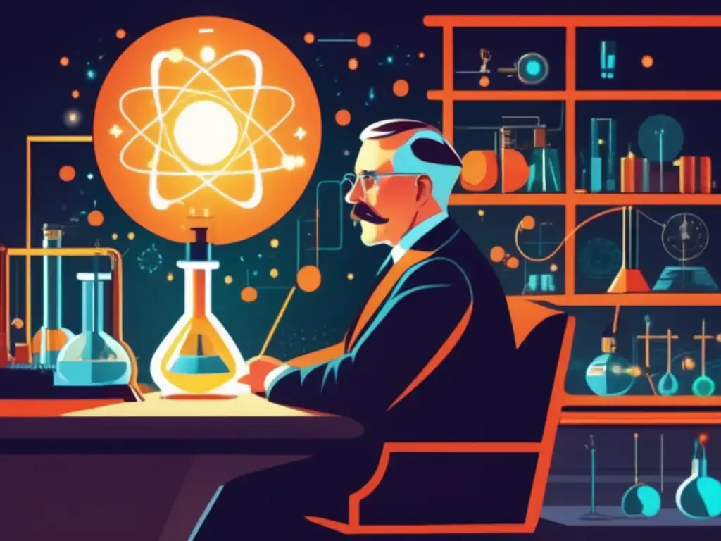 En la ilustración, Ernest Rutherford se sumerge en sus experimentos para descubrir el núcleo atómico, rodeado de equipamiento científico futurista