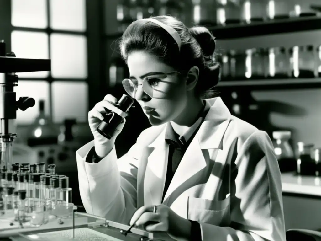 Rita Colwell, microbióloga experta en enfermedades acuáticas, observa con concentración una placa de Petri bajo el microscopio en su laboratorio