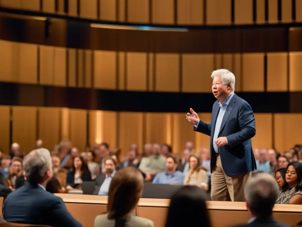 Richard Thaler, experto en economía conductual, da una cautivadora conferencia ante un gran público en una moderna sala de conferencias