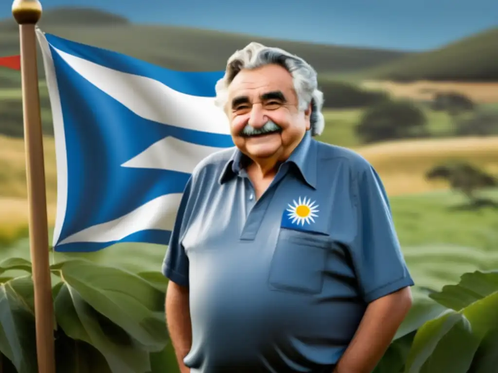 El expresidente José Mujica frente a la bandera uruguaya, con su atuendo casual característico y una sonrisa cálida