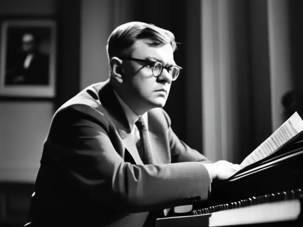 Dmitri Shostakovich, con expresión contemplativa, rodeado de partituras y sombras dramáticas