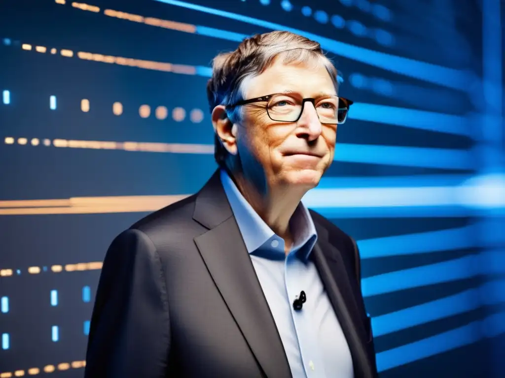 Bill Gates, con expresión determinada, frente a una pantalla de código