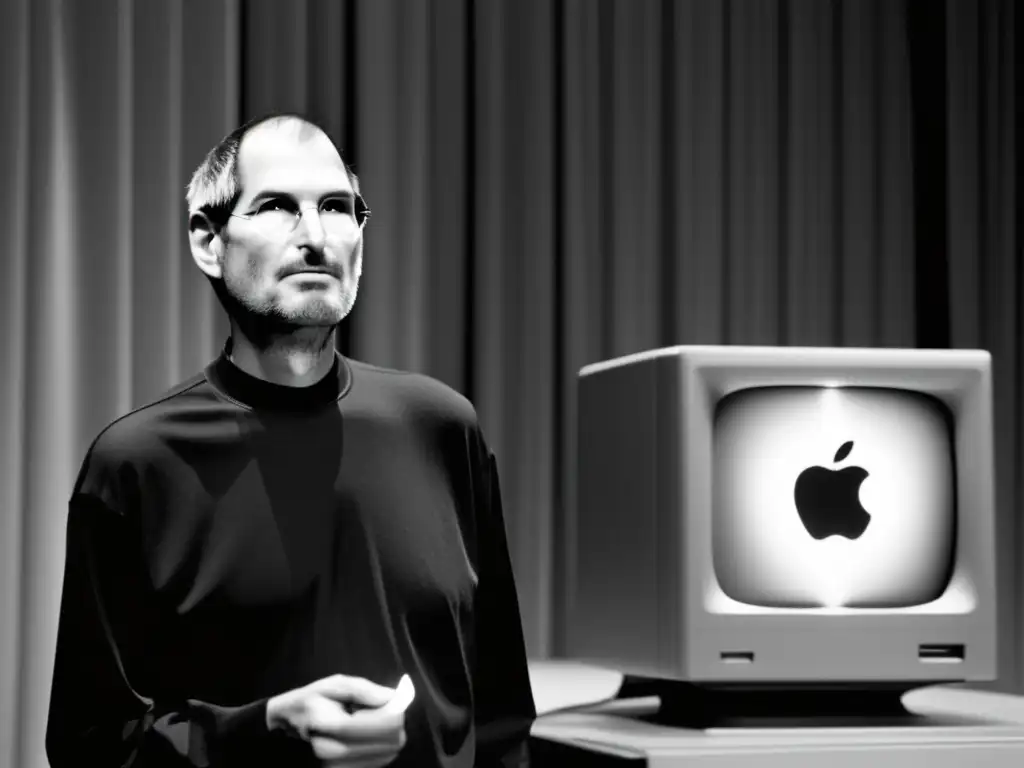 Steve Jobs, con expresión determinada, frente al primer ordenador de Apple