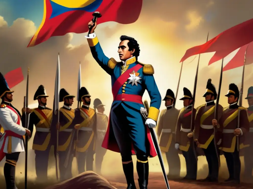 Con una expresión determinada, Simón Bolívar se alza triunfante en un campo de batalla, ondeando la bandera de Gran Colombia