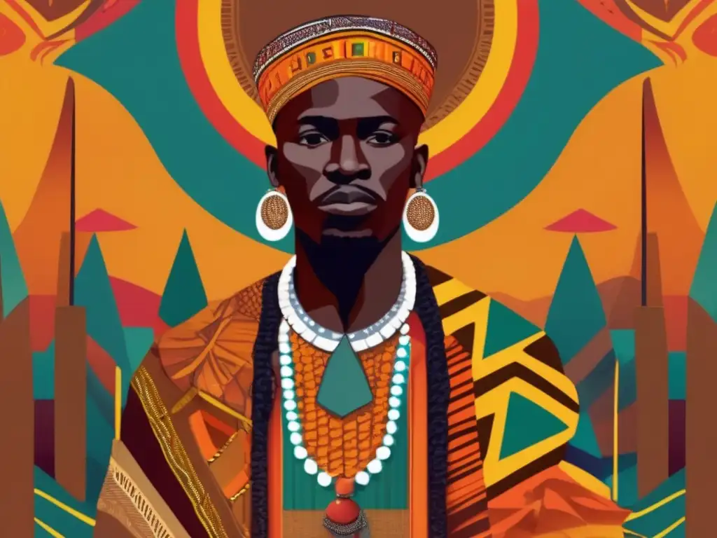 Amadou Hampâté Bâ, con expresión sabia, rodeado de elementos simbólicos que representan su influencia en la preservación del legado africano