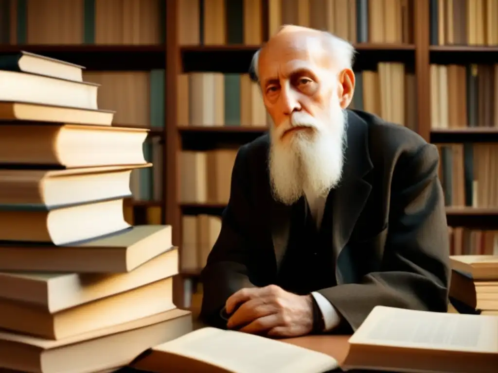 Martin Buber, con expresión de sabiduría, rodeado de libros y papeles bajo una iluminación cálida y contemplativa