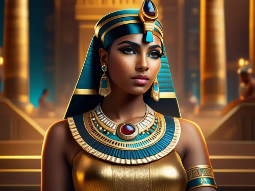 Con una expresión regia, Cleopatra última faraona influencia histórica, viste atuendo egipcio lujoso en un detallado retrato de alta resolución 8k