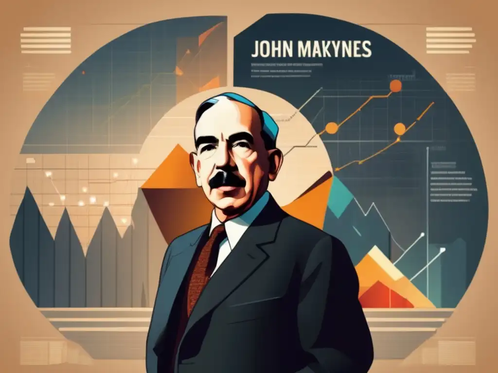 John Maynard Keynes, con una expresión visionaria y determinada, destaca frente a gráficos económicos