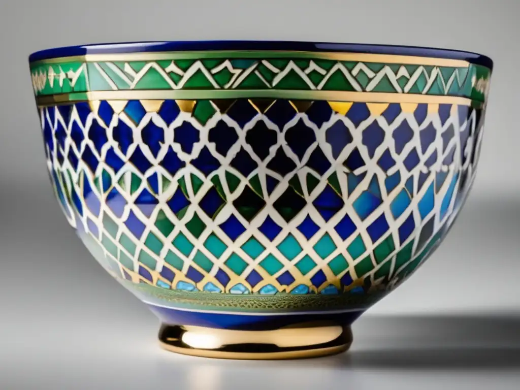 Una exquisita cerámica islámica de Abu'l Qasim con intrincados patrones en azul, verde y dorado, exhibida en un fondo blanco moderno
