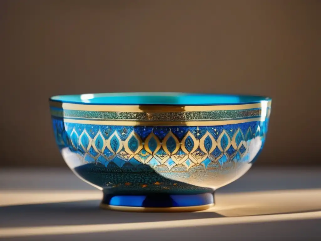 Una exquisita cerámica islámica de Abu'l Qasim, con intrincados patrones geométricos en tonos azules, turquesa y dorados