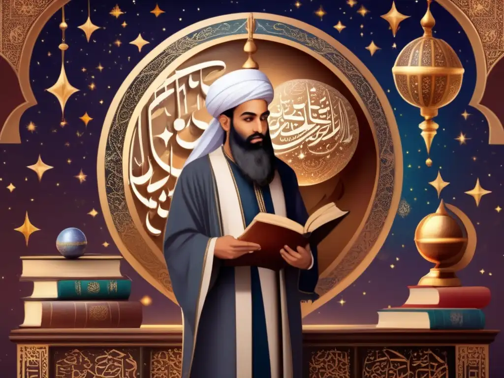 Una exquisita pintura digital de alta resolución de Abu Rayhan alBiruni frente a un ornamento celestial, rodeado de caligrafía árabe y símbolos astronómicos