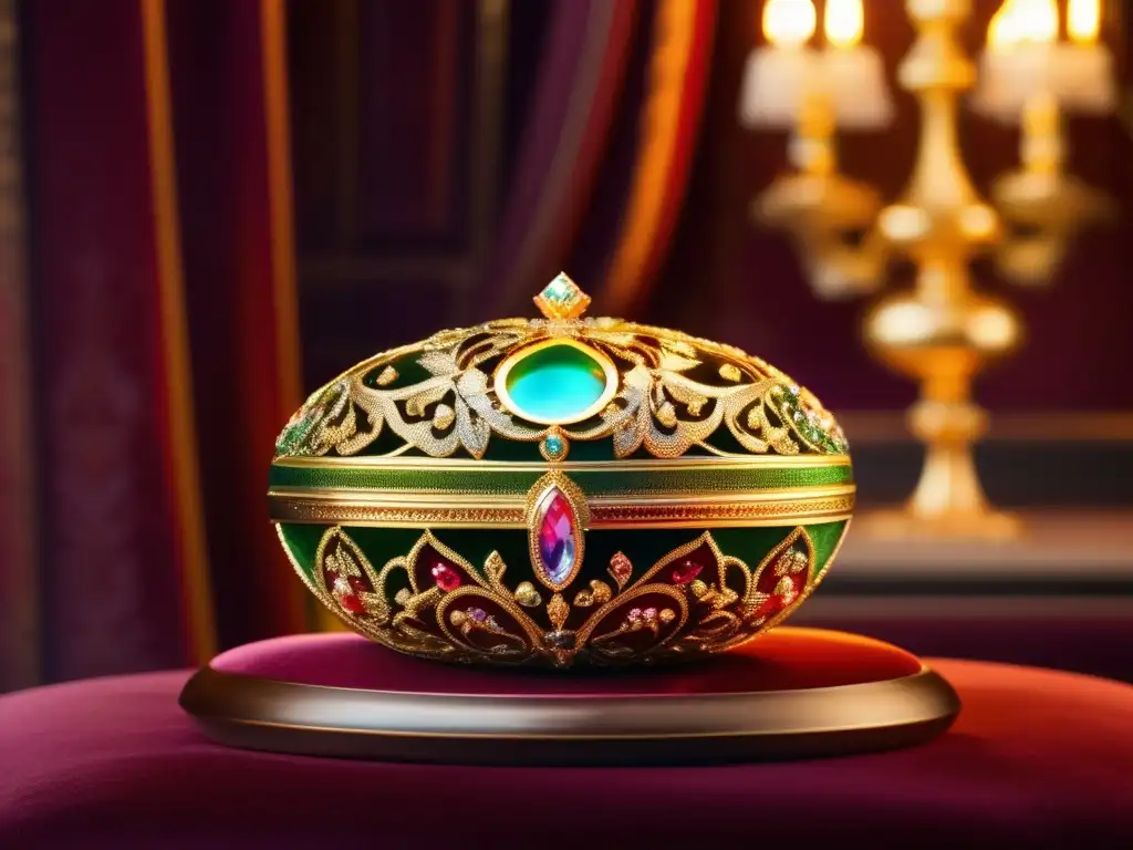 Un exquisito huevo Fabergé adornado con filigrana dorada y deslumbrantes gemas iridiscentes, iluminado por una suave luz dorada