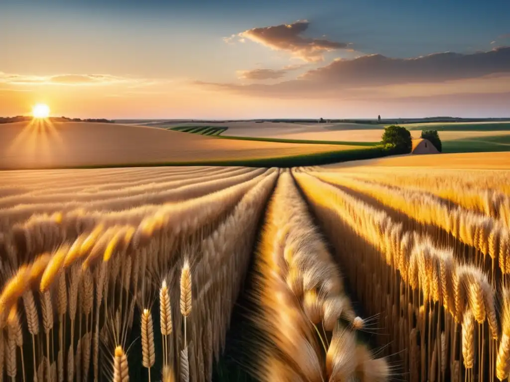 Un extenso campo dorado de trigo se extiende hacia el horizonte bajo un cielo azul claro, con el sol proyectando un cálido resplandor dorado sobre el paisaje