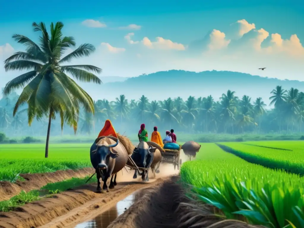 Un extenso campo agrícola verde y exuberante en la India, con cultivos vibrantes y casas tradicionales al fondo