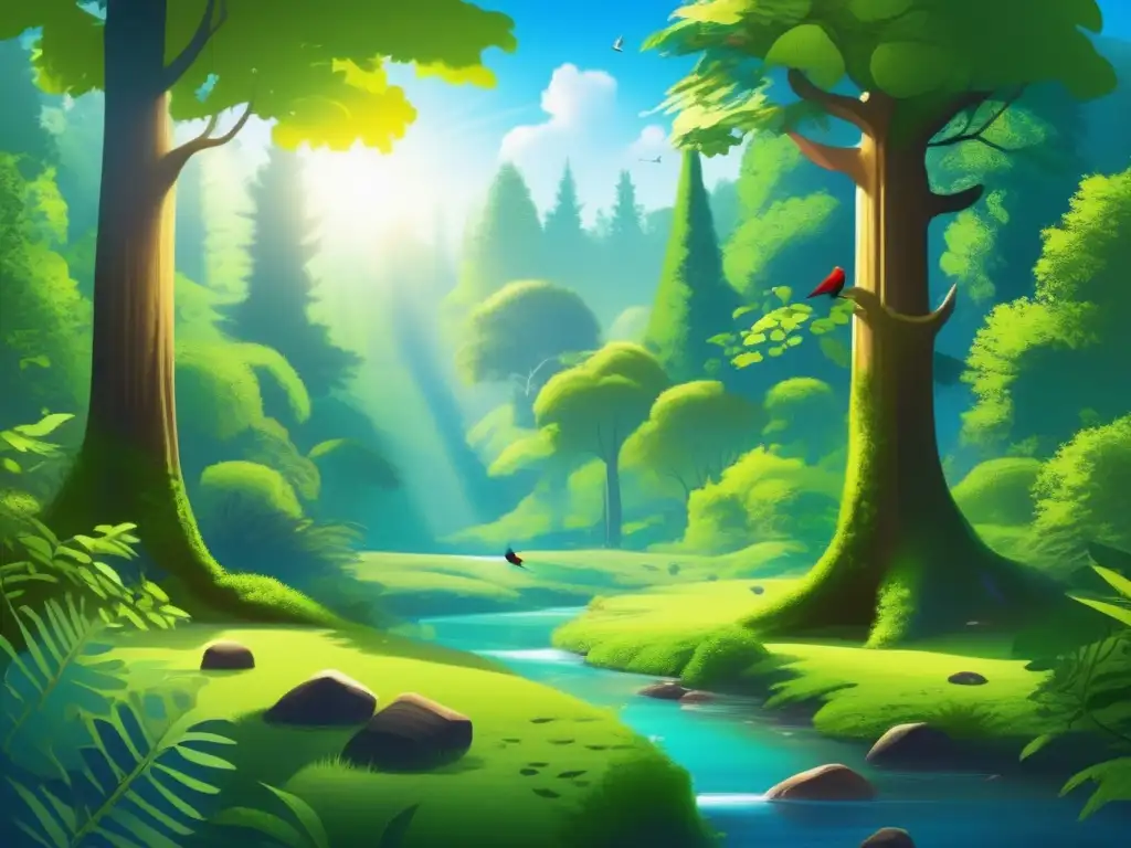Un exuberante bosque verde con árboles majestuosos bajo un cielo azul claro