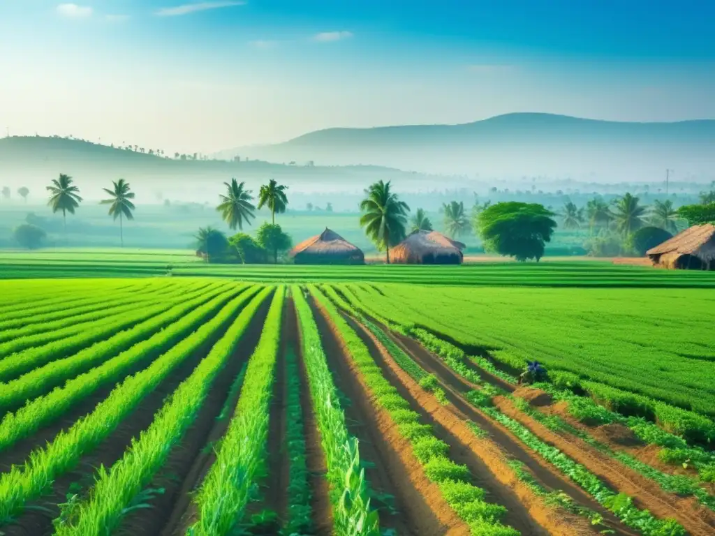 Un exuberante campo agrícola verde se extiende bajo un cielo azul claro, con cultivos plantados en filas y prosperando bajo el sol